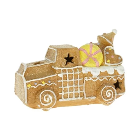 Dekoráció Mézeskalács autó LED-es, glitteres poly 15,5x8,5x10,2 cm barna, fehér, pasztell