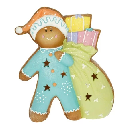 Dekoráció Mézeskalács figura ajándékokkal LED-es, glitteres magnézia 32,8x10,3x38 cm kék, zöld, pasztell karácsony