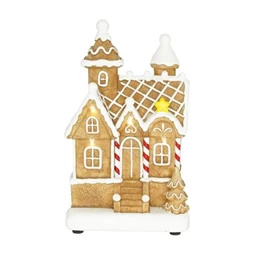 Dekoráció Mézeskalács ház, LED-es poly 12x10x19,5 cm barna, fehér