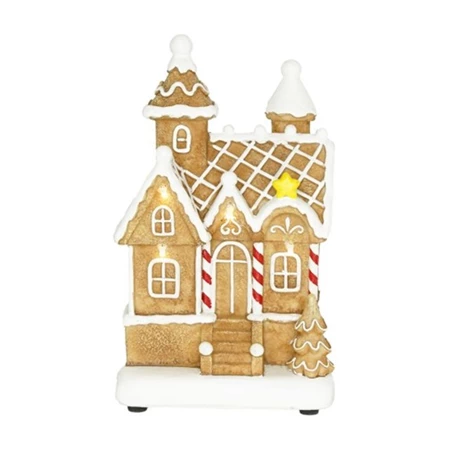 Dekoráció Mézeskalács ház, LED-es poly 12x10x19,5 cm barna, fehér