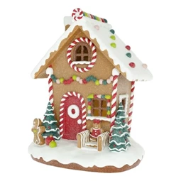 Dekoráció Mézeskalács ház glitteres, LED-es poly 20x16,5x24,5 cm barna, fehér