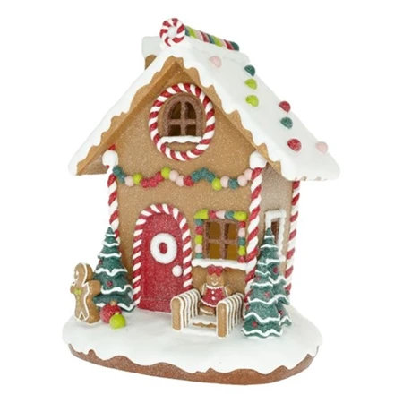 Dekoráció Mézeskalács ház glitteres, LED-es poly 20x16,5x24,5 cm barna, fehér