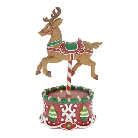 Dekoráció Mézeskalács játék rénszarvas glitteres, LED-es poly 17x14x29 cm barna, piros