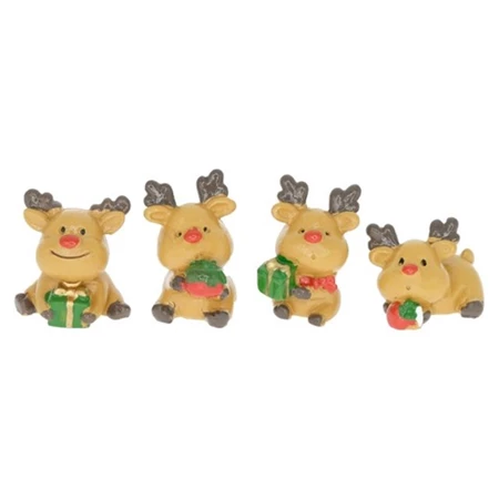 Dekoráció Szarvas ajándékkal, almával ülő poly 2,4x2,5x2,5cm barna, zöld 4db/csomag