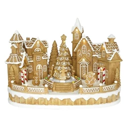 Dekoráció alács város fenyővel, mozgó figurákkal LED-es poly 31,5x20,3x22,5 cm barna, fehér