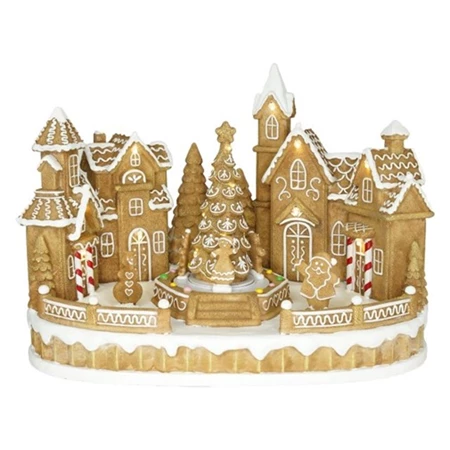 Dekoráció alács város fenyővel, mozgó figurákkal LED-es poly 31,5x20,3x22,5 cm barna, fehér