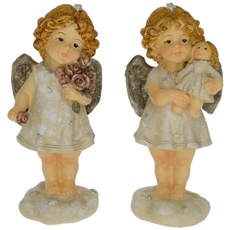 Dekoráció angyal babával, rózsával, felhőn álló, poly 6,2x5,2x14cm krém 2 féle 1db, figura nem választható