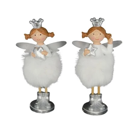 Dekoráció angyal szívvel, csillaggal álló poly 6,4x3,5x12,2cm fehér, ezüst 2 féle 1db, figura nem választható