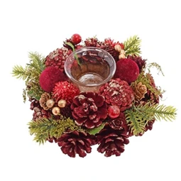 Dekoráció asztali dísz mécsestartóval, tobozzal, fenyővel, glitteres műanyag, üveg 19x9 cm bordó, zöld
