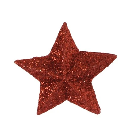 Dekoráció csillag öntapadós, poly, 2,9x2,8x0,6cm, piros, glitteres 10db/csomag