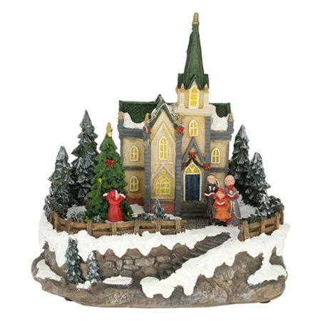 Dekoráció dioráma karácsonyi jelenet templommal mozgó fenyővel, LED-es, glitteres poly 20x16x20,5 cm színes