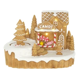 Dekoráció dioráma mézeskalács cukorkabolt mozgó fenyővel LED-es poly 19x12,5x14 cm barna - fehér