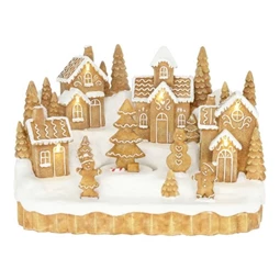 Dekoráció dioráma mézeskalács falu mozgó fenyővel, LED-es poly 24,5x16x16,3cm barna, fehér, dioráma