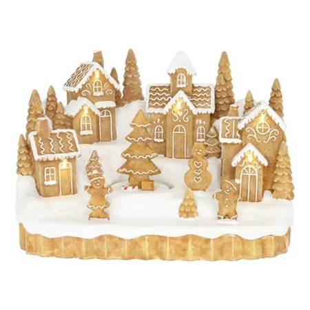 Dekoráció dioráma mézeskalács falu mozgó fenyővel, LED-es poly 24,5x16x16,3cm barna, fehér, dioráma