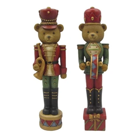 Dekoráció diótörő maci dobbal, trombitával álló poly 8x7x30cm piros/zöld 2 féle 1db, figura nem választható