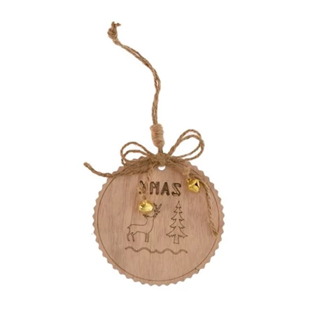 Dekoráció dísz akasztós Xmas felirattal, szarvassal, fa, 10x10x1cm, natúr