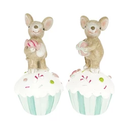 Dekoráció egér cukorkával muffinon álló poly 6,5x6,5x13cm menta, bézs 2 féle 1db, figura nem választható