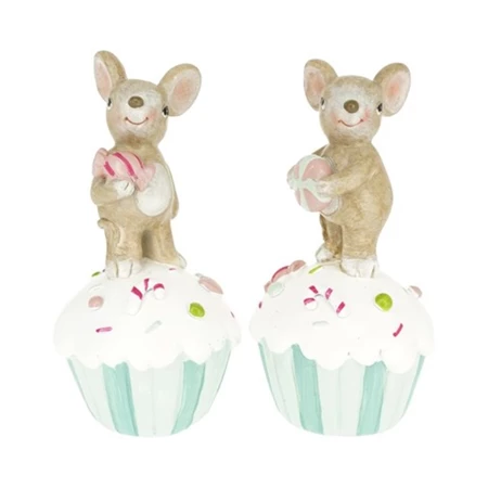 Dekoráció egér cukorkával muffinon álló poly 6,5x6,5x13cm menta, bézs 2 féle 1db, figura nem választható