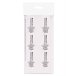 Dekoráció fa csipesz csillag 6db/csomag 4,5cm ezüst