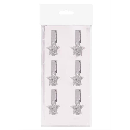 Dekoráció fa csipesz csillag 6db/csomag 4,5cm ezüst