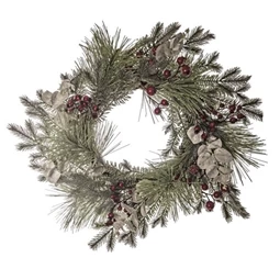Dekoráció fenyő koszorú bogyóval, eukaliptusszal, glitteres, műanyag, 60cm, zöld-piros