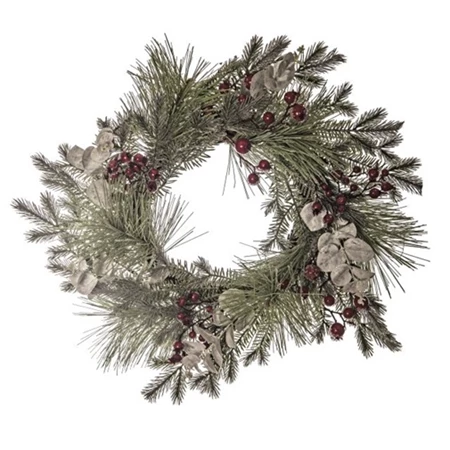 Dekoráció fenyő koszorú bogyóval, eukaliptusszal, glitteres, műanyag, 60cm, zöld-piros