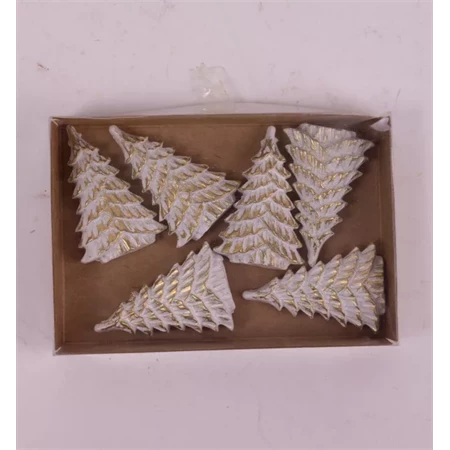 Dekoráció fenyőfa öntapadós poly 4,1x2,5x0,7cm 6db/csomag fehér-arany
