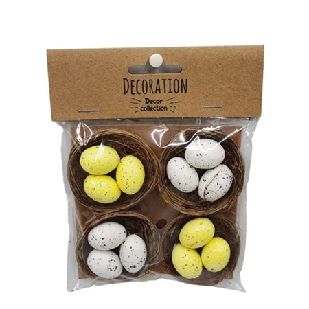 Dekoráció fészek tojással poly 4,7x4,7x2,2 cm fehér, sárga 4db/csomag