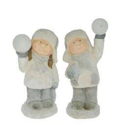 Dekoráció fiú, lány hógömbbel LED világítással poly 21x18x49cm szürke-fehér 2 féle 1db, figura nem választható