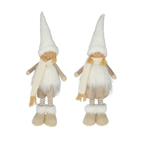 Dekoráció, fiú, lány szőrmés ruhában álló, textil, 14x8x45 cm, bézs, 2 féle, 1db, figura nem választható