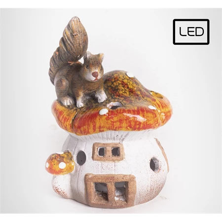 Dekoráció gomba házikó mókussal, kerámia LED-es 11x5cm
