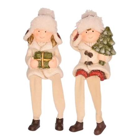 Dekoráció gyerek fenyővel ajándékkal lógólábú kerámia 6x6x11cm fehér 2 féle 1db, figura nem választható