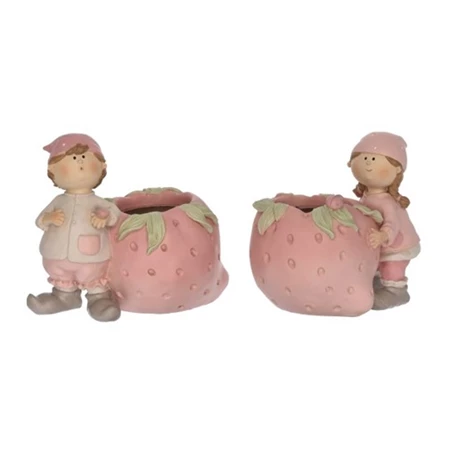 Dekoráció gyerek fiú, lány eper kaspóval poly 16,5x10x13cm fehér, rózsaszín 2 féle 1db