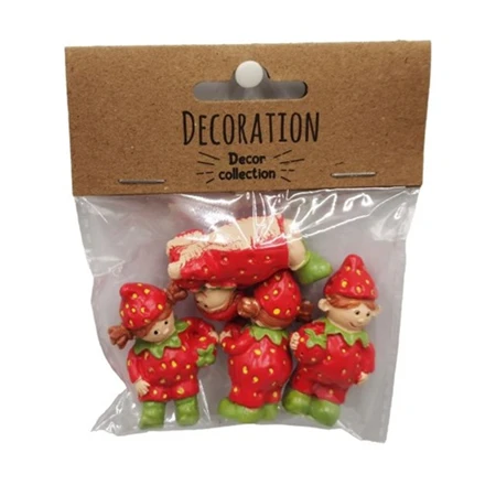 Dekoráció gyerek, fiú, lány eperruhában álló poly 2,5x1,7x3,1 cm piros-zöld 4db/csomag