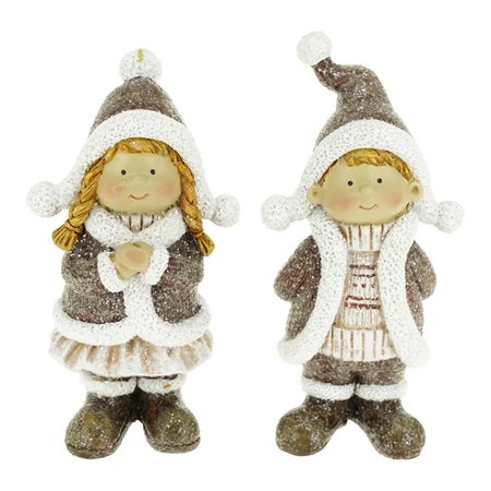 Dekoráció gyerek fiú, lány kabátban, sapkában álló glitteres poly 5,5x4x12cm barna, fehér 2féle, 1db