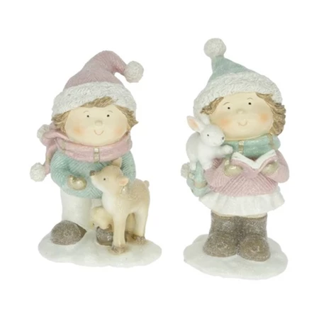 Dekoráció gyerek fiú, lány nyúllal, szarvassal álló poly 7,5x7x13,5cm zöld-rózsaszín 2 féle 1db, figura nem választható