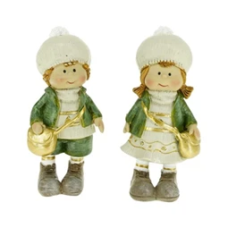 Dekoráció gyerek fiú, lány sapkában, tarisznyával álló poly 5x3,5x10cm zöld/arany 2 féle db, figura nem választható