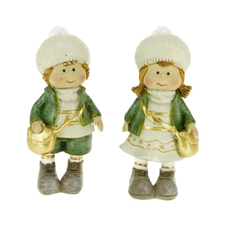 Dekoráció gyerek fiú, lány sapkában, tarisznyával álló poly 5x3,5x10cm zöld/arany 2 féle db, figura nem választható
