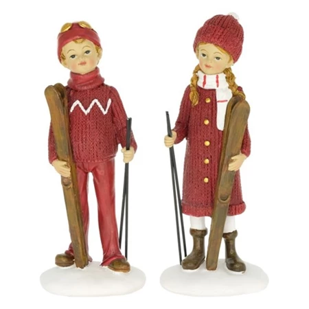 Dekoráció gyerek fiú, lány síléccel álló poly 6,5x4,5x16,5cm piros 2 féle 1db, figura nem választható