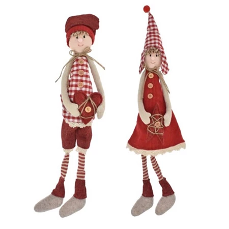 Dekoráció gyerek fiú, lány szívvel, csillaggal, lógólábú, textil, 50cm, piros, 2 féle 1db, figura nem választható