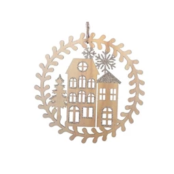 Dekoráció házak akasztós fa kopogtató 20x20cm natúr-arany