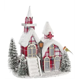 Dekoráció házikó madárral, fenyővel LED-es poly 27x18x31cm