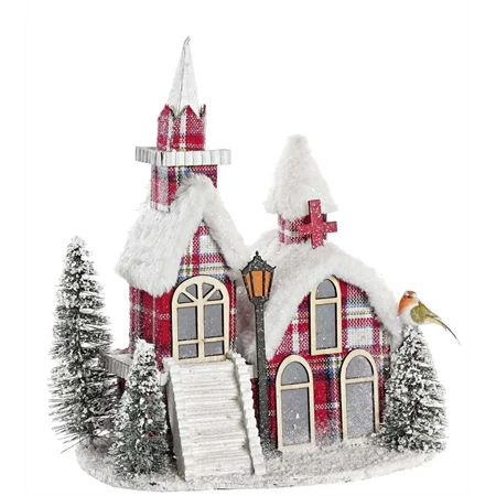 Dekoráció házikó madárral, fenyővel LED-es poly 27x18x31cm