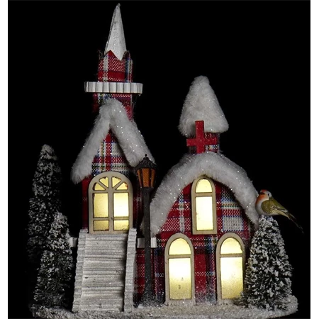 Dekoráció házikó madárral, fenyővel LED-es poly 27x18x31cm