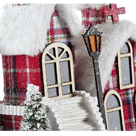 Dekoráció házikó madárral, fenyővel LED-es poly 27x18x31cm