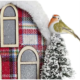 Dekoráció házikó madárral, fenyővel LED-es poly 27x18x31cm