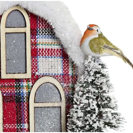 Dekoráció házikó madárral, fenyővel LED-es poly 27x18x31cm