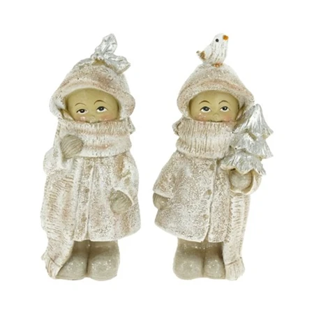Dekoráció kislány kabátban, fenyővel, madárral álló glitteres poly 5x4x11,5 cm fehér, bézs 2 féle