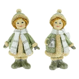 Dekoráció kislány kabátban, termosszal álló glitteres poly 6x4,5x12cm bézs/zöld 2 féle 1db, figura nem választható