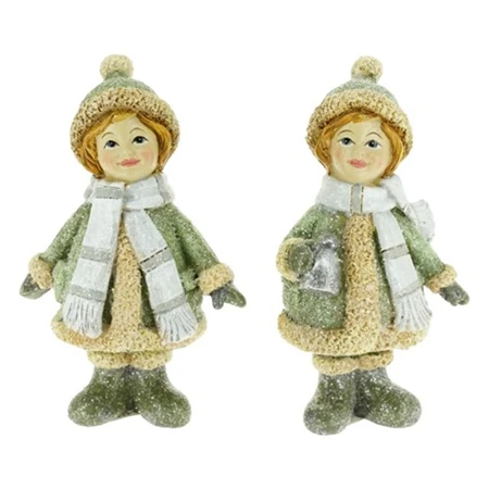 Dekoráció kislány kabátban, termosszal álló glitteres poly 6x4,5x12cm bézs/zöld 2 féle 1db, figura nem választható